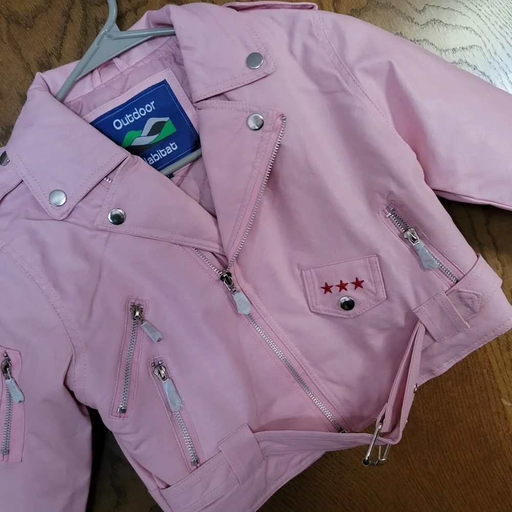 Girls Outdoor Habitat Pink Faux Leather Motorcyclejacket Embroidered